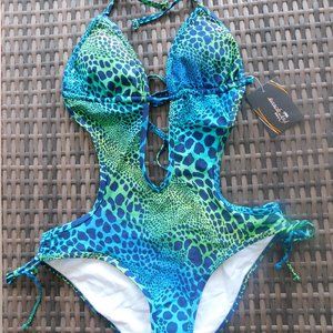 Beach Joy L turquoise cheetah cut out swim suit  Beach Joy